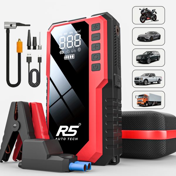 Car Jump Starter and Power Bank 8000mAh – 800A Peak, 4-in-1 with Air Compressor, Battery Booster. Red
